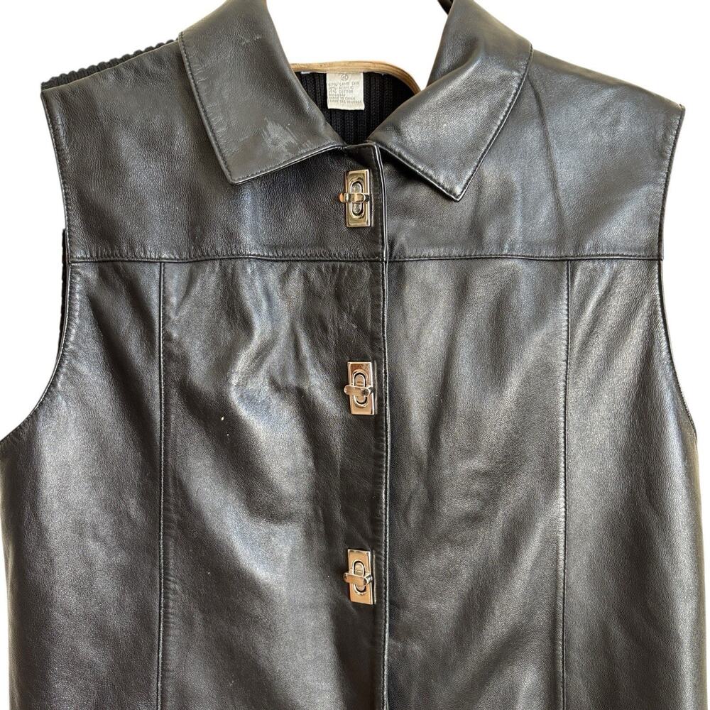 Lisa International Lamb Skin Black Leather Vest WOMENS Size XL Knit Back